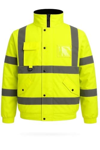 Image of BLOOM BLENDS High Visibility Bomber Jacket Waterproof Reflective Safety Coat – Hi Vis Workwear Winter Jacket with fleece Lining, Waterproof Outer & Removable Hood (UK, M, Yellow)