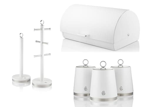 Image of Swan Serenity Bread Bin, Tea, Coffee, Sugar Canisters, Mug Tree & Towel Pole in White with Polished Stainless Steel Accents. Beautiful Design Matching Kitchen Storage Set of 6 with a Sleek Whte Finish