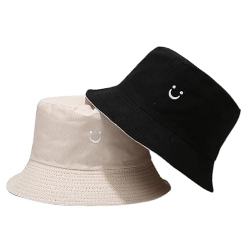 Image of PythJooh 1PC Girls Boys Embroidered Smile Face Bucket Hat Kids Reversible Sun Hat Foldable Beach Hats Outdoor Caps for 2-8Years Black/Beige