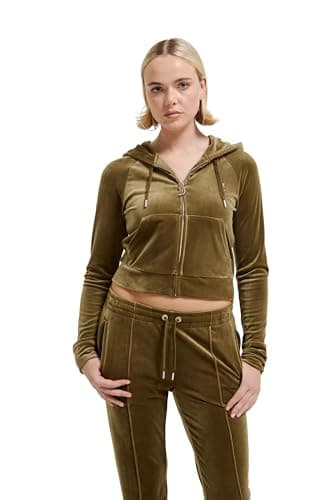 Image of Juicy Couture Women's Madison Hoodie Hooded Sweatshirt Jacket with Hood and Zip Made of Velour Hoodie, dark olive, XS