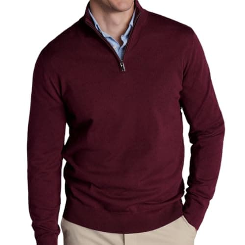 Image of MATINEE Mens Fine Knitted Luxury Supersoft Cashmere-Like Crew Neck/V Neck/Zip Neck Sweaters, Fine 12 Gauge Knit Structure (UK, Alpha, XL, Regular, Regular, Burgundy 1, 1/2 Zip Neck)