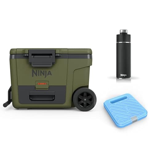 Image of Ninja FrostVault Heavy-Duty Insulated Cool Box with Ninja Thirsti Bottle 530ml & Large Ice Pack, Wheeled Premium Cooler with Dry Zone Integrated Fridge-Temp Dry Storage Drawer, Olive, FB245AMZEUUKGN