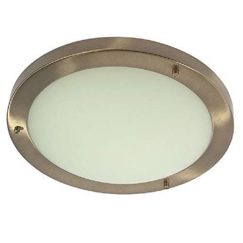 Image of Britalia Antique Brass & White Frosted Glass Bathroom Round Flush Ceiling Light 305mm | 2 x SES E14 Candle Lamp Bulbs Required (Not Included) | IP44 Rated | Suitable for Outdoor Use