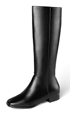 Image of REKALFO Knee High Boots Women PU Leather Boot Wide Fit Shoes with Zipper Chunky Heel Soft Winter Booties black 10 UK