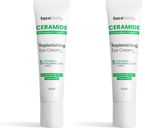 Image of Face Facts Ceramide Eye Cream; Hydrates delicate skin; Strengthens skin barrier, reduces puffiness and dark circles; 5 Ceramides, Hyaluronic Acid, soothing Oats, Glycerin and Vitamin E; 15ml