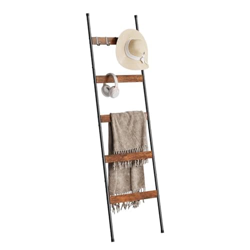 Image of ELYKEN 5 Tier Towel Ladder with Wood Grain Accents, 160cm/5.2ft Metal Leaning Towel Rack, Rustic Throw Ladder, Industrial Shabby Chic Decorative Rack for Bathroom & Living Room, Rustic Brown 1 Pack