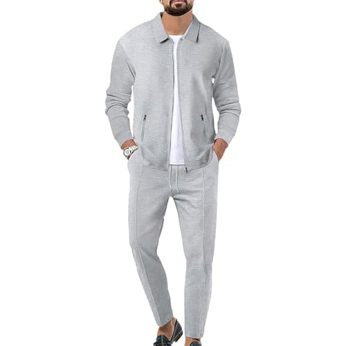 Image of aromm Men's Waffle Tracksuits Zip up Jacket Top & Jogging Trouser 2pcs Sweatsuit Set Grey for Casual Sport Workout Business, L
