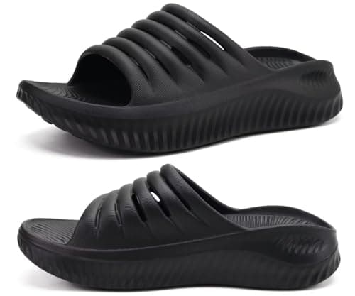 Image of KuaiLu Womens Recovery Sandals Sport Comfort Arch Support Cushion Athletic Sliders Orthotic Plantar Fasciitis Open Toe Slip On Wide Thick Sole Sandal Summer Pool Beach Slippers Black Size 8