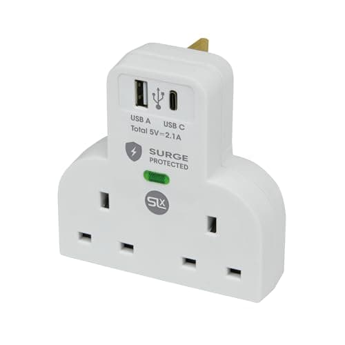 Image of SLx Double Plug Adaptor with USB A and USB C 2.1A Surge Protected 2 Way Socket Extension Wall Charger Adapter 13A UK 3 Pin Power Socket for Bedroom Office Kitchen White