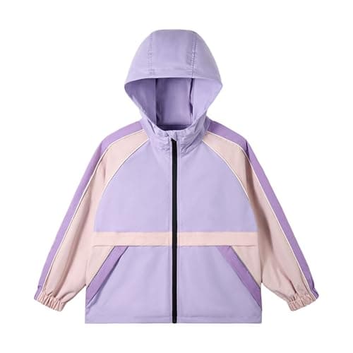 Image of Rolanko Girls Waterproof Jacket with Hooded, Kids Boys Lightweight Windbreaker Raincoat Zip Outdoors Jackets, Purple, Size: 14-15 Years, 170