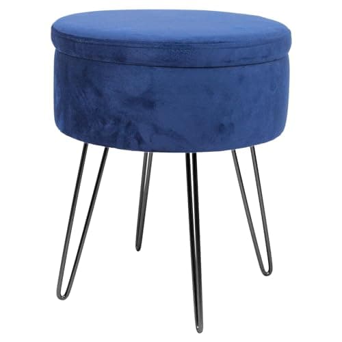 Image of Harbour Housewares Velvet Round Foot Stool with Storage - Blue with Black Legs - Modern Dressing Table Pouffe Footstool Vanity Seats Vanity Chairs Footstools for Living Room, Bedroom
