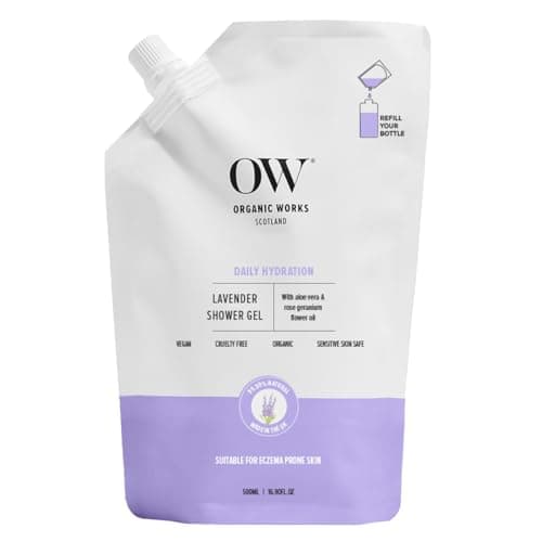 Image of Organic Works Lavender Shower Gel 500ml–99.99% Natural Intense Hydrating Hypoallergenic Body Wash for Dry to very dry skin - Aloe Vera & Geranium Oil,Regulates oil production,firms the skin Made in UK