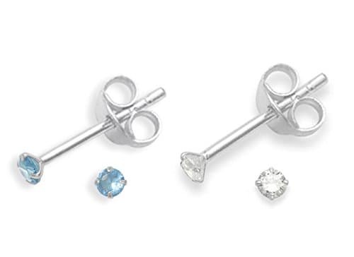 Image of Set of 2 PAIRS Sterling Silver Cubic Zirconia stud Earrings - SIZE: TINY 2mm - Very Small & discreet - Light Blue & Clear 5549LB/SET