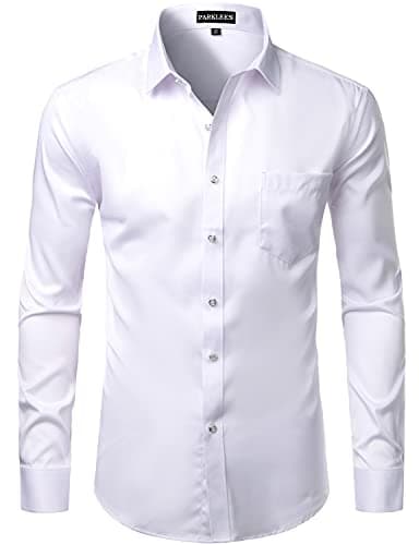 Image of PARKLEES Men's Slim Fit Formal Long Sleeve Casual Business Party Dress Shirts with Chest Pocket White L