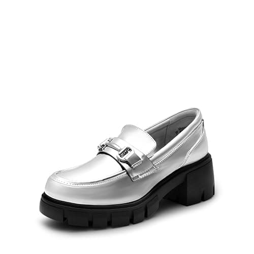 Image of DREAM PAIRS Loafers for Women Platform Chunky Loafers Slip On Casual Shoes,Size 4.5,Silver-Pat,SDLS2321W