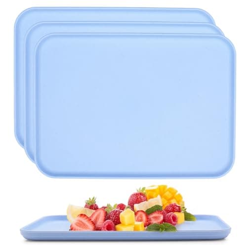 Image of Vyranut 4-Pack Rectangular Plastic Serving Trays for Kitchen, Drinks, Snacks, Tea, Coffee, Breakfast, Lightweight and Durable (Blue)
