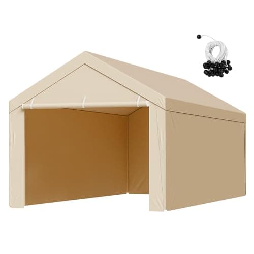 Image of VEVOR Carport Replacement Canopy, 10 x 20 ft Potable Garage Tent Top Tarp with Sidewalls, UV-Resistant & Waterproof, Heavy Duty Car Shelter Tarp with Ball Buggees, Beige, Frame Not Included