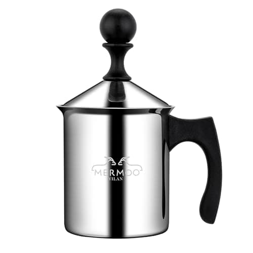 Image of MERMOO YILAN Milk Frother 400ml Stovetop Coffee Frother Stainless Steel Manual Coffee Milk Foamer Cup for Latte Art Cappuccinos (Silver)