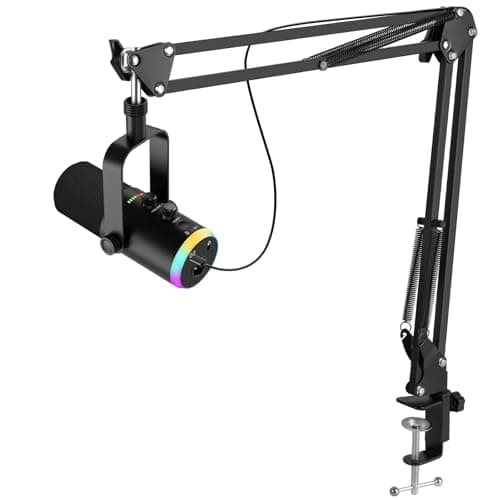 Image of FerBuee XLR USB Dynamic Microphone with RGB Light, Volume Control, Mute Button, 3.5mm Headphone Jack. Compatible with Mixers, Sound Cards, PC, MAC (Black)