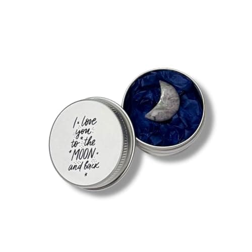 Image of 'I love you to the moon and back' gift | Cute minitature half moon presented in small tin gift for valentines, anniversary, birthday | gift for her, for him | random colour sent