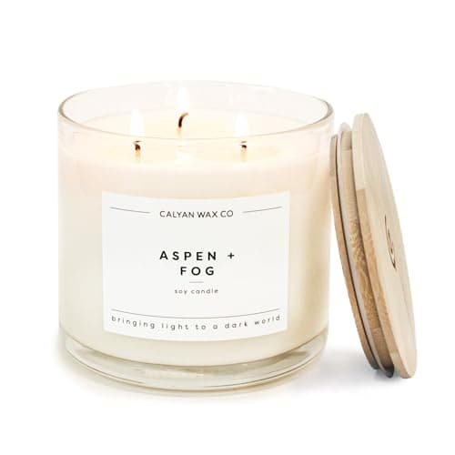 Image of Calyan Wax Co. Aspen & Fog 3 Wick Scented Candle - 43 Hour Burn - Luxury 3 Wick Soy Candles - Non Toxic Soy Wax Candles - Long Lasting Large Glass Jar Candle for Home - 14.9oz