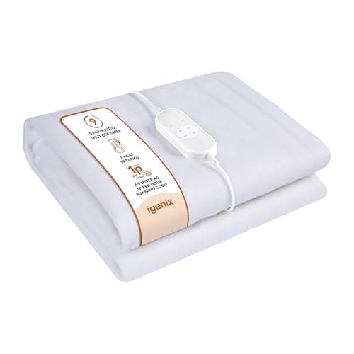 Image of Igenix Electric Heated Blanket, Fitted Mattress Underblanket Bed Warmer – 9 Heat Settings, 9-Hour Timer, Overheat Protection, Machine Washable, Detachable Controller, Elastic Straps (White, Single)
