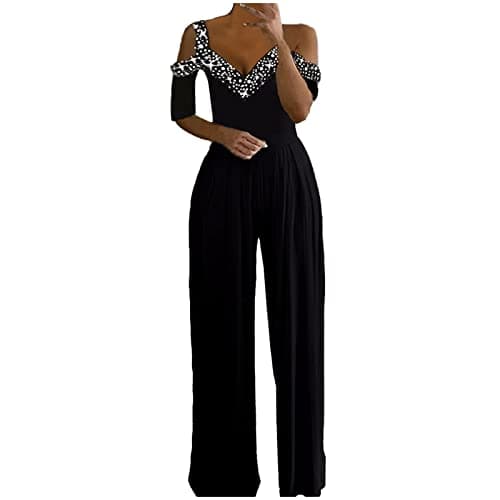 Image of Womens Jumpsuit Summer, Playsuits For Women Uk Dressy Overalls Jumpsuits Women Solid Color Print Vest High Waist Slim Wide Leg Pants Jumpsuit Playsuit (Black M)