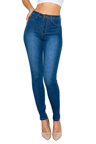 Image of High Waisted-Rise Colored Stretch Skinny Destroyed Ripped Distressed Jeans for Women Olive Mustard RED, Indigo Blue, XL