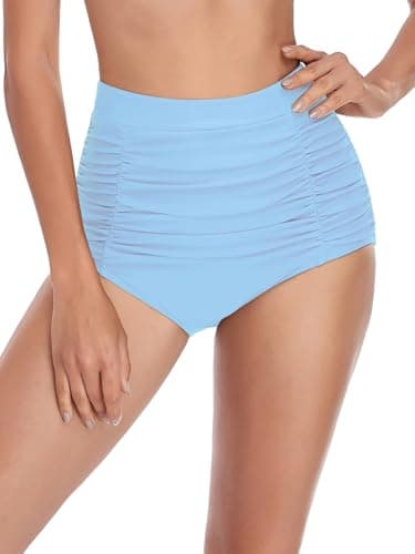 Image of Ocean Blues Women's Sea Blue High Waisted Bikini Bottoms Tummy Control Swimwear Ruched Beach Briefs Size Medium