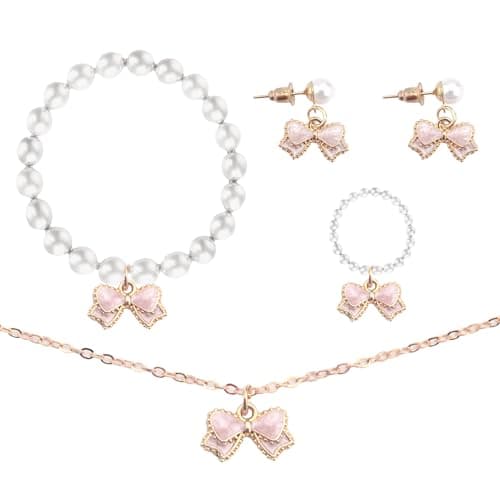 Image of 4 PCS Girls Jewellery Set Kids Jewellery Sets for Girls Jewellery Sets for Kids Bow Pendant Pearl Girls Bracelets Necklace Rings Earrings Childrens Jewellery for Girls Daughter (pink)