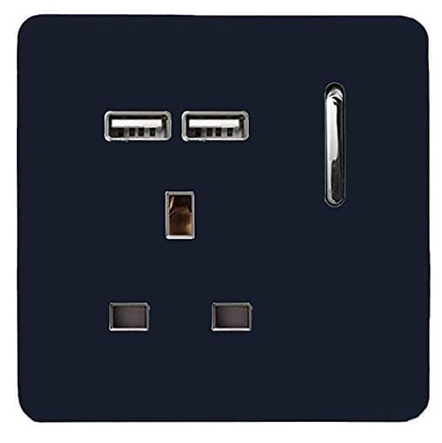 Image of Trendi 1 Gang Single Switched Screwless Artistic Modern Glossy 13 Amp 2x Type A 2.1A USB Charging Port 13A Wall Outlet Plug Socket in Navy Blue - ART-SKT13USBNV