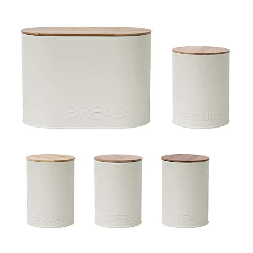 Image of 5PC Oval Kitchen Storage Set: Bread Bin, Biscuit Tin and Tea, Coffee & Sugar Canister Set - Matt Cream - Embossed Lettering Design.