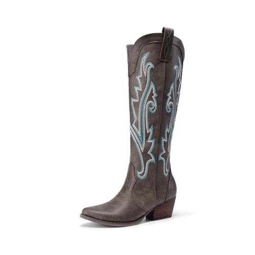 Image of DREAM PAIRS Womens Cowboy Knee High Boots Comfortable Pull On Side Zipper Chunky Heel Embroidered Western Cowgirl Boots Retro Tall Boot for Theme Party Country Concert,Size 9,Brown,DWUMKB2501