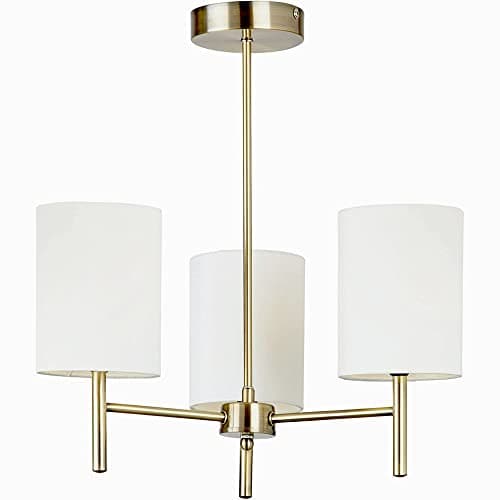 Image of Endon Brio 3-Arm Pendant Light - E14 Semi Flush Ceiling Light Fitting in Antique Brass and Cream Faux Silk Fabric Shades - 3 x 40W Golf Bulbs (Not Included)