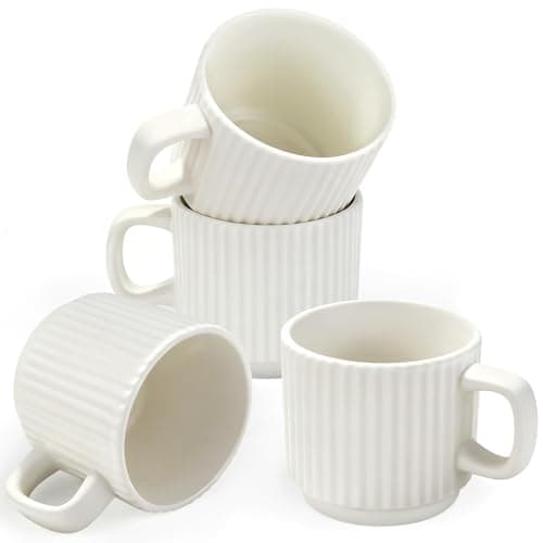 Image of Hioph Set of 4 Ceramic Coffee Mugs, Stackable Ribbed Mugs, Ceramic Espresso Mugs for Cappuccino, Latte, Hot Black Tea, with Handle (White)