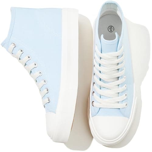 Image of Uoidru High Top Sneakers for Women Canvas Shoes White Canvas High Tops Women Casual Shoes Lace Up Fashion Sneakers, Blue, 5.5 UK