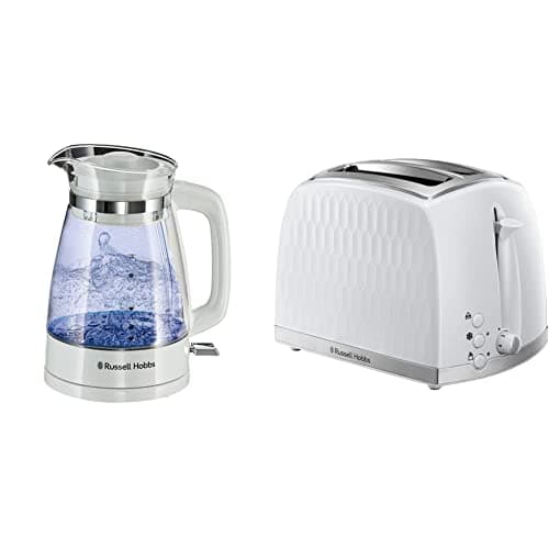 Image of Russell Hobbs 26081 Classic Glass Kettle White & 26060 2 Slice Toaster - Contemporary Honeycomb Design with Extra Wide Slots and High Lift Feature, White
