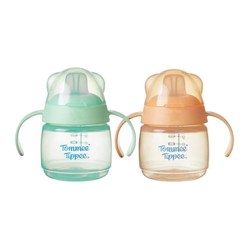 Image of Tommee Tippee Transition Spout Cup, 150ml, Spill-Free Toddler Transition Cup for 4 Months+, with a Natural Feel Bite-Resistant Spout, Green and Orange, 2 Pack