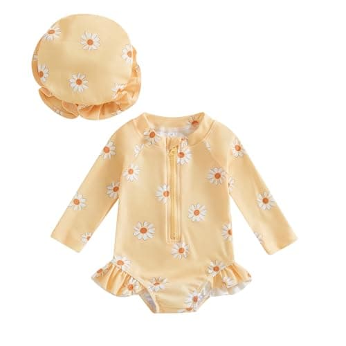 Image of YILEEGOO Toddler Baby Girl Swimming Costume with Hat Long Sleeve Zip Up Floral Ruffle Swimsuit Girls One Piece Swimwear Bathing Suits Summer Beachwear (Yellow, 6-9 Months)