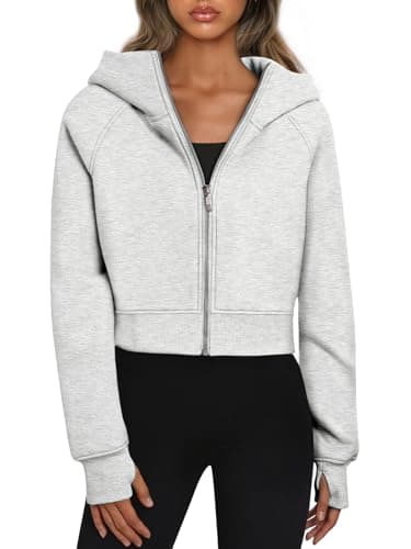 Image of Trendy Queen Womens Zip Up Hoodies Cropped Sweatshirts Fall Outfits Casual Hooded Pullover Sweaters Tops Winter Clothes 2024, Grey, M