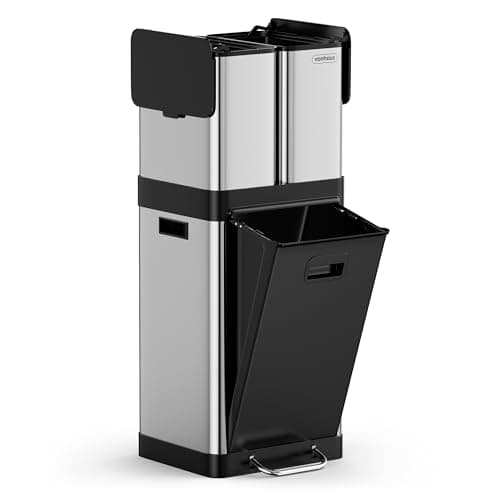 Image of VonHaus Kitchen Triple Bin, 32L Vertical Recycling Bin, Stainless Steel Three Section Food Waste Separation System, 1 x 20L Main Compartment & 2 Removable 6L Counter Top Caddies, Narrow Trash Can