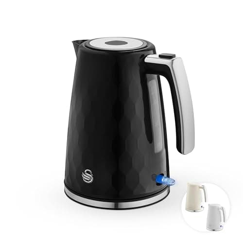 Image of Swan Hexton 1.7L Electric Kettle, 3KW Rapid Boil, Flip Top Lid, Removable Limescale Filter, 360-Degree Base, Cord Storage, Black with Chrome Accents, SK19038BLK