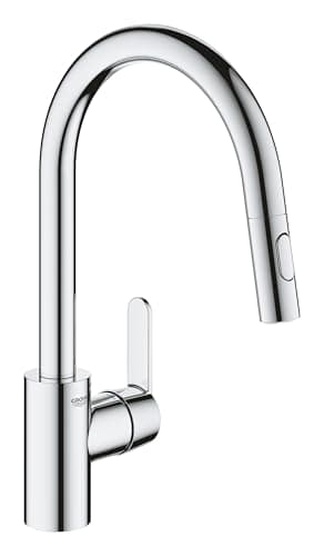 Image of GROHE Get - Kitchen Sink Pull-Out Mixer Tap (2 Spray Options, High Spout, 360° Swivel Range, 35mm Ceramic Cartridge, Smooth Docking, Tails 3/8 Inch, QuickMount Included), Size 381mm, Chrome, 31484001