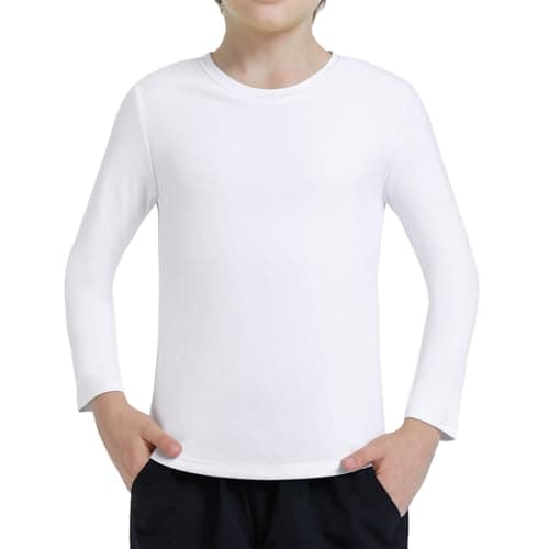 Image of Ewbob Kids Cotton Plain Long Sleeve T Shirt Lightweight T-Shirt Boys Girls Breathable Tee Tops for Children Classic Casual Unisex Shirts for Age 3-14 Years(C21-White-5-6Y)