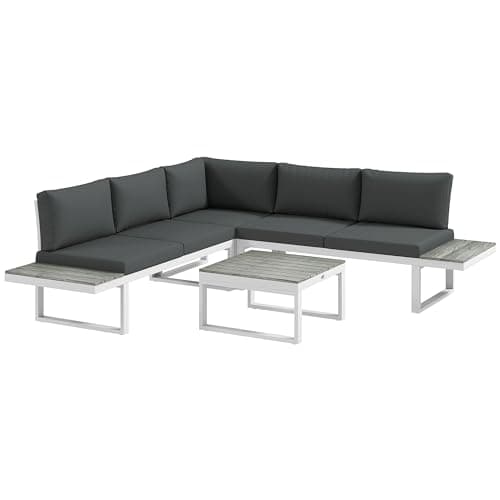 Image of Outsunny 4 Pieces Garden Furniture Set, 5-Level Reclining Garden Corner Sofa Set, Outdoor Lounge Conversation Sectional with Cushions, Wood Effect Plastic Table, White Frame & Grey Cushion