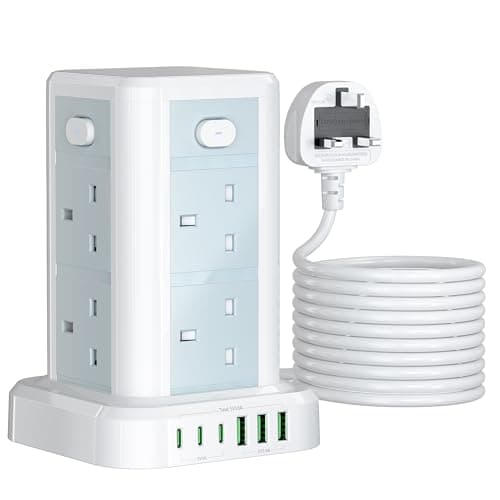 Image of 3M Tower Extension Lead with USB, Toomke 8 Way Multi Plug Extension Tower with 6 USB (3 USB C & 3 USB A), Overload Protection Extension Cord with Independent Switches, UK Plug Socket Tower Power Strip