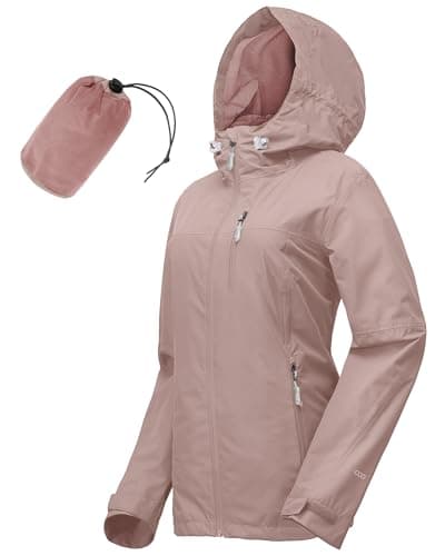Image of 33,000ft Women's Lightweight Waterproof Jacket Packable Hooded Rain Jacket Breathable Windbreaker Softshell Raincoat for Outdoor Running Walking Hiking (Light Pink-M/UK 12)