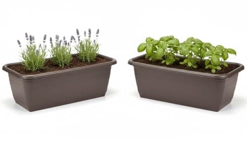 Image of GORDANLUK Balcony Window Box Planter Set of 2 — Rectangular Trough for Flowers, Herbs & Vegetables | Lightweight Plastic, UV Resistant, Indoor & Outdoor | 50 x 18 x 14.5 cm (Brown)
