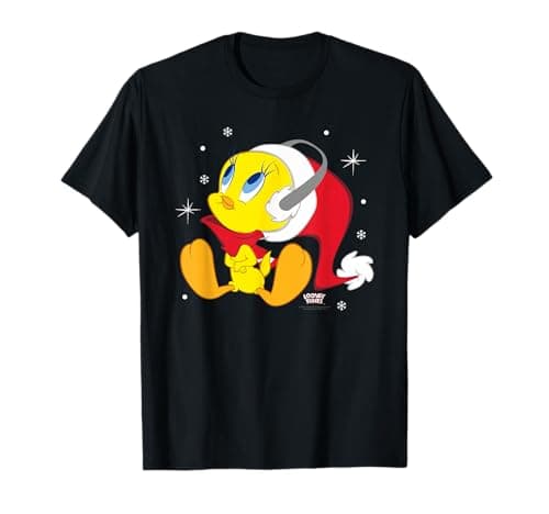 Image of LOONEY TUNES Women's Unisex-Youth Christmas Character T-Shirt, Black, S, Short Sleeve, Classic Fit, Crew Neck, Cartoon Pattern