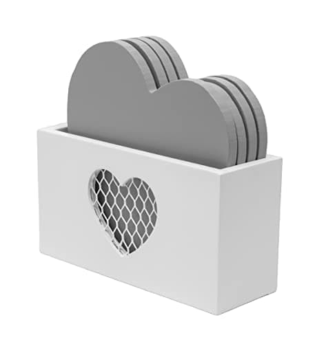 Image of Set of Four Grey Heart Shaped Coasters in White Holder With Chicken Wire Mesh Heart Detail